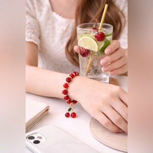 Red Cherry Charm Beaded Bracelet